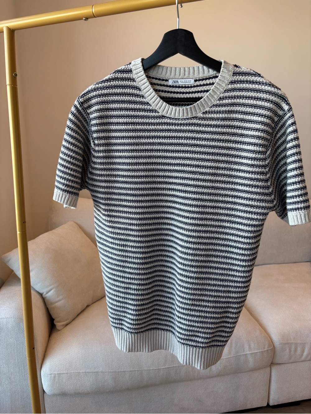 Zara Men Striped Short-Sleeve Knit Sweater - Cream & navy